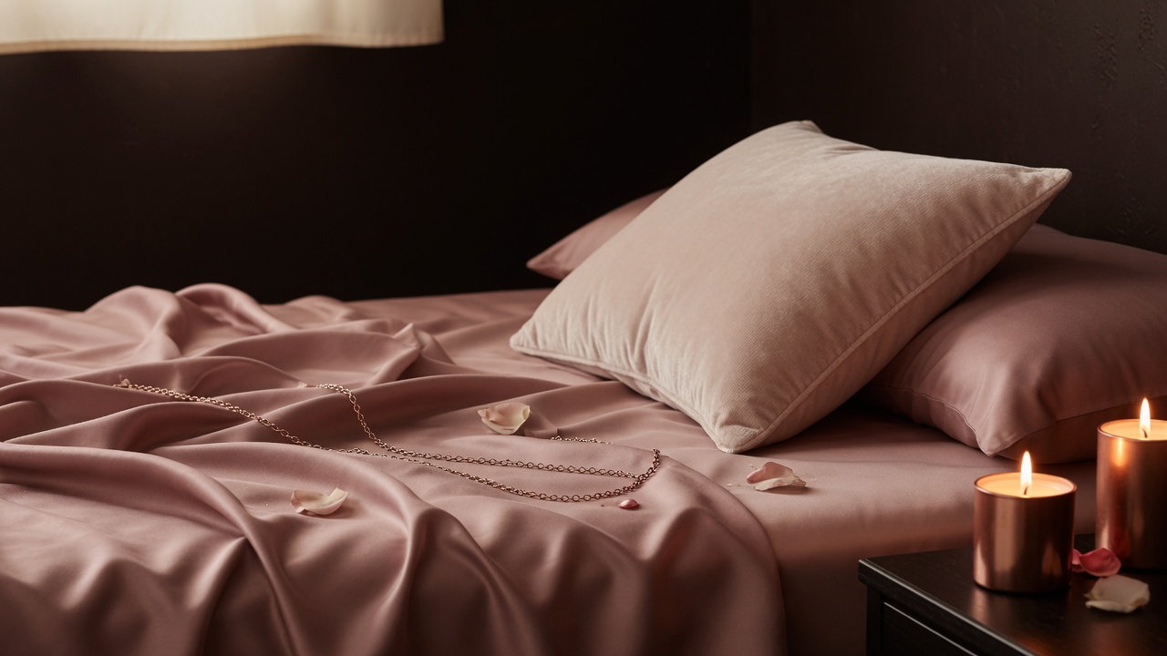 Warm rose silk and soft copper light in a calm intimate wellness setting
