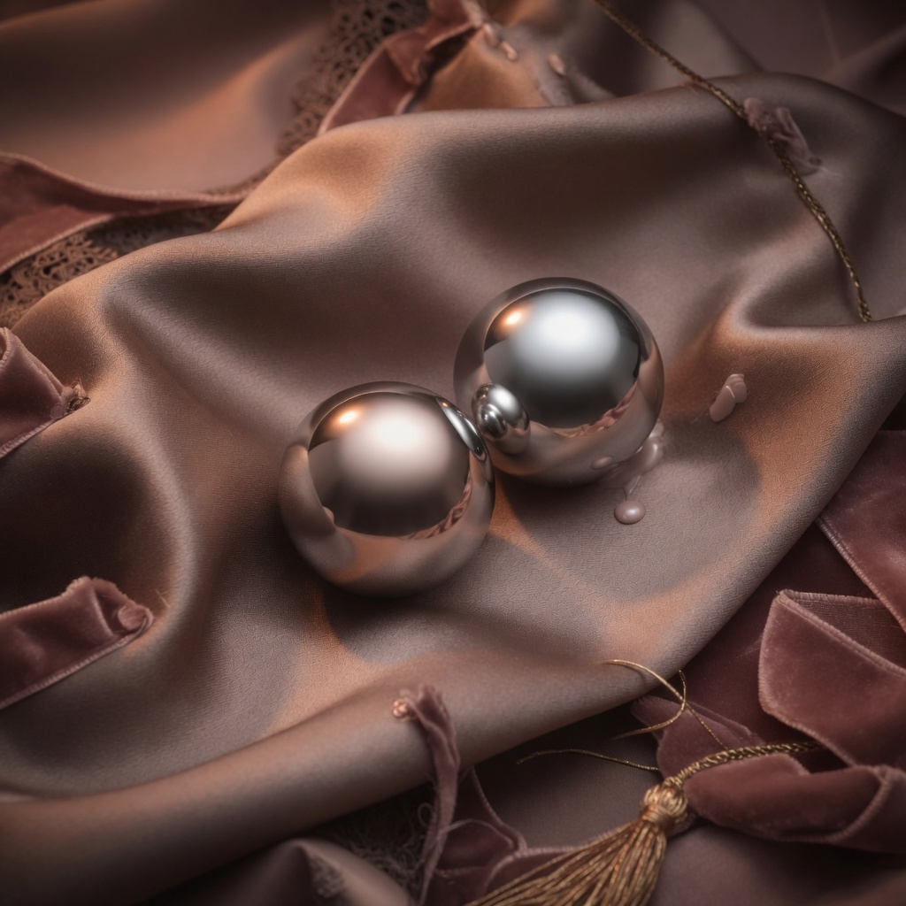 Polished stainless steel Ben Wa balls on warm taupe silk
